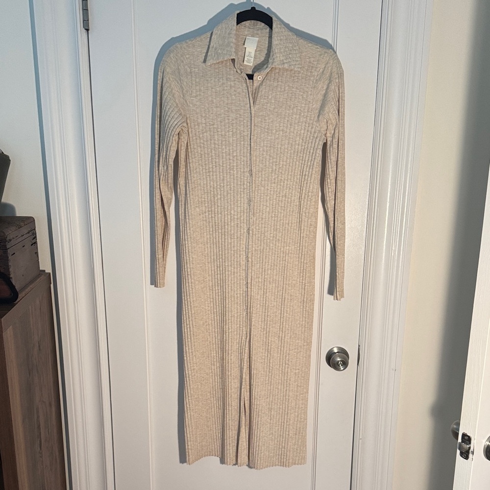 H&M Beige Long Sleeve Ribbed Dress